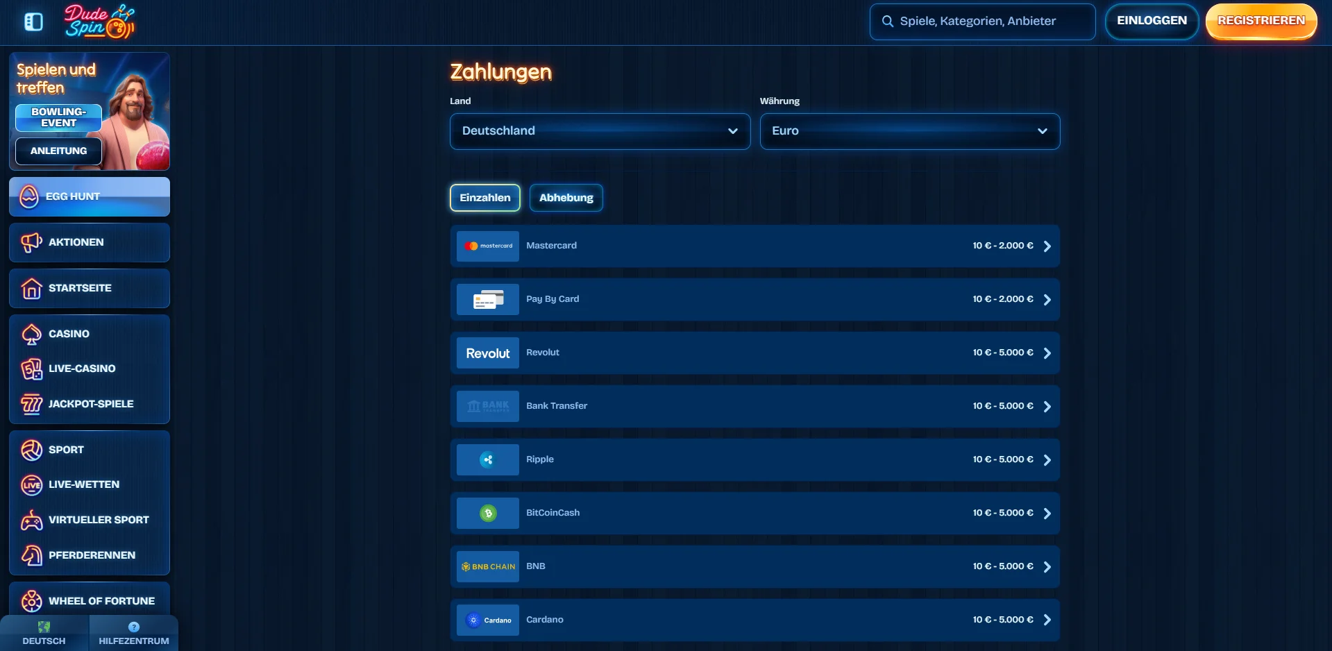 DudeSpin Casino Zahlungsoptionen (neu)